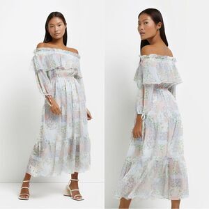 NWT River Island Maxi Blue Dress Petite Floral Bardot Size 2